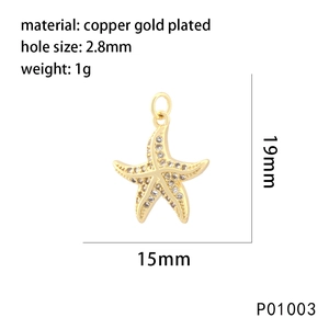 Macro shot of 15x19mm gold plated copper starfish pendant with dimensions and weight info