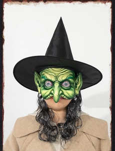 Front view of green witch mask with black pointed hat and wig for Halloween cosplay