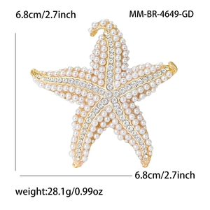 Exquisite gold starfish brooch with white pearls and sparkling rhinestones for women