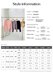 Size chart for women's slim fit U-neck long sleeve top showing measurements and fabric details