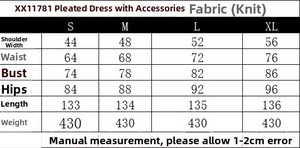 Size chart for ruched knit dress showing measurements for S, M, L, XL in centimeters