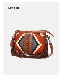 Left side view of Bohemian tassel crossbody bag with geometric weave and brown leather fringe