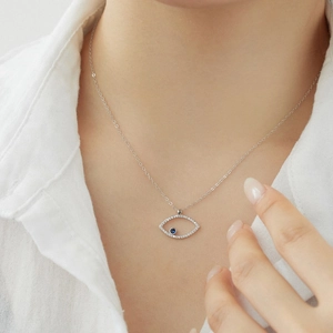Minimalist S925 sterling silver evil eye necklace with blue gemstone and micro zircons