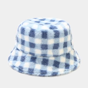 Close-up of soft plush texture on blue and white gingham pattern bucket hat