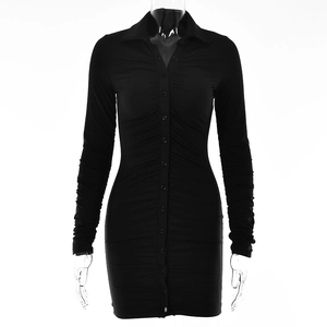 Slim fit black long sleeve ruched mini dress with button-up collar and stretchy fabric