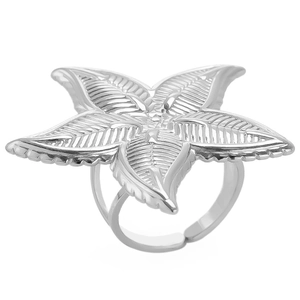 Detail of 304 stainless steel adjustable ring featuring a textured star design in silver