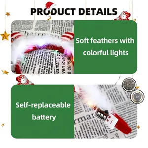 LED Christmas headband with red feathers and colorful lights for festive parties