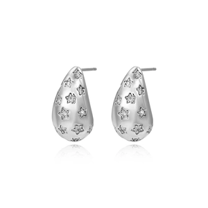 Detailed view of silver water drop earrings with zircon stars and 18k plating