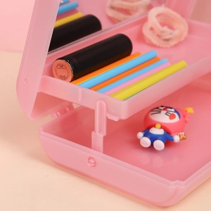Pink double-layer folding makeup organizer with mirror showing internal storage structure