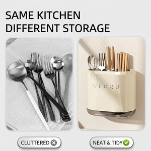 Wall-mounted cutlery holder with drainage tray for organizing spoons and chopsticks