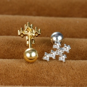 Cross cartilage earrings with micro-set zircons and screw ball back in gold and silver