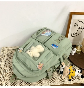 Dettaglio dello zaino verde menta con ciondolo a forma di orso e tasche trasparenti