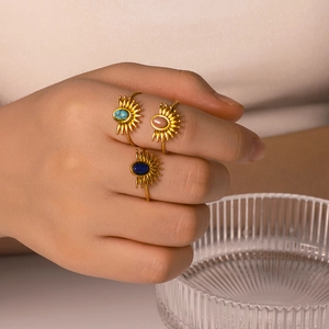 Bohemian gold stainless steel sunburst rings set with oval turquoise and lapis stones