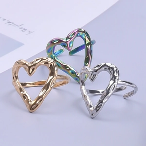 Adjustable stainless steel heart open ring set in gold silver and rainbow finishes