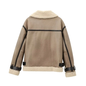 Back view of a brown suede aviator jacket with white faux fur collar and hem detail