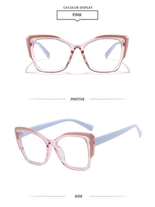 Montatura per occhiali cat-eye rosa e celeste, vista dettagliata frontale e laterale