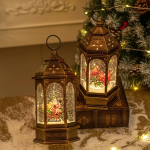 Lanterna Palla Di Neve Natale Retrò Bronzo Luce Notturna LED Con Glitter Rotante Babbo Natale Cardinale Ornamento Festivo