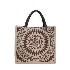 Ethnic style large capacity linen tote bag with brown mandala pattern and sturdy handles