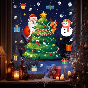 Close-up of Christmas window stickers featuring Santa, snowman, and elk in a cozy home setting