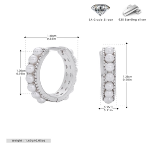 Detailed view of S925 sterling silver pearl hoop earrings with size and weight specs