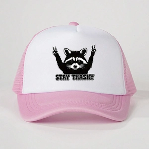 Pink and white raccoon trucker hat with Stay Trashy print and adjustable mesh back