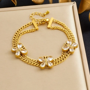 Stainless Steel Gold Plated Double Layer Bracelet Women Butterfly Zircon Charms Adjustable Elegant Fashion Jewelry