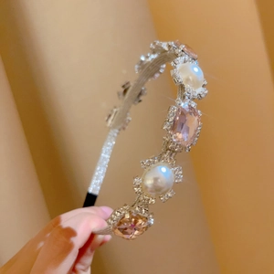 Elegant French vintage pearl headband with crystals and silver frame for women