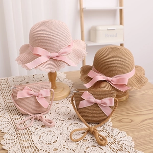 Chapeau De Soleil En Paille Pour Filles Avec Sac À Bandoulière Assorti Papier Tissé Été Plage Noeud Doux Bord Festonné