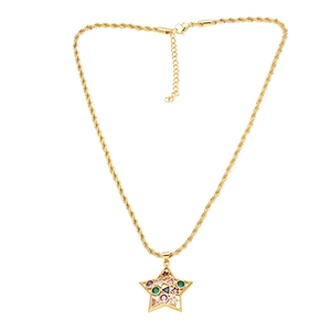 Gold star pendant necklace with multi-colored crystals and twisted chain for women