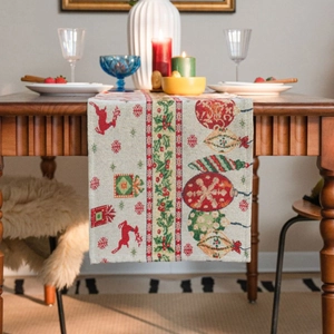 Christmas Table Runner And Placemat Cotton Polyester Jacquard Woven Reindeer Snowflake Pattern Holiday Dining Decor