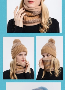 Dettaglio del cappello in maglia a righe kaki e sciarpa con fodera in ecopelliccia