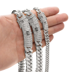 Cuban Link Chain Necklace Stainless Steel With Copper Micro Pave Zirconia Clasp Iced Out Hip Hop Streetwear For Men