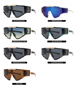 Vertical collage of oversized retro sunglasses in seven different frame and lens colors