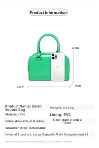 Detailed spec sheet for green PVC jelly bag with size comparison to smartphone