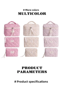 Three-piece floral quilted cotton makeup bag set in pink, yellow and purple colors