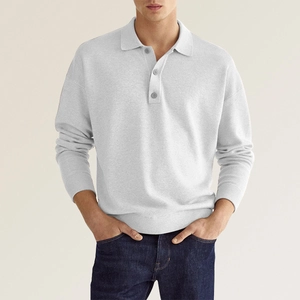 Men's light grey long sleeve polo shirt with three-button V-neck in casual knit style