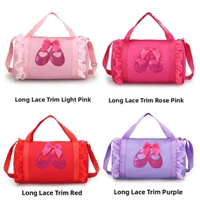 Detailed close-up of girls ballet dance bags with lace trim in four vibrant colors