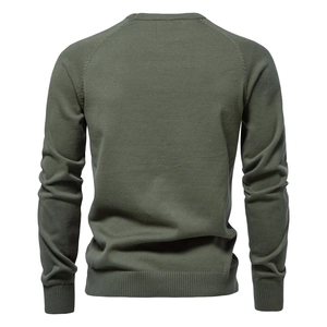 Flat lay back view of army green cotton knit sweater for men with raglan sleeves