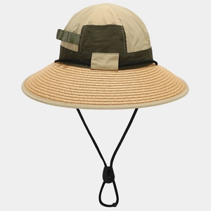 Outdoor color-block sun hat with wide straw brim and adjustable chin strap for sun protection