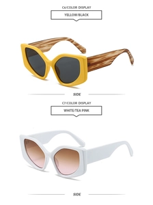 Side view of chunky cat eye sunglasses in yellow and white frames with wood grain temples