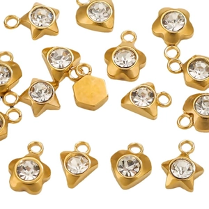 Gold stainless steel DIY pendants with clear zircon in star, heart and flower shapes