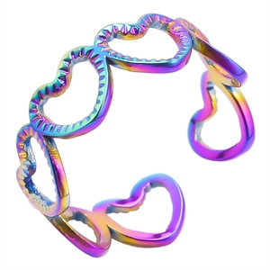 Rainbow gradient stainless steel open ring with hollow heart patterns for women