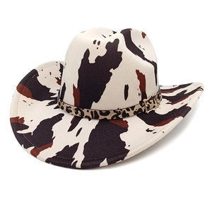 Western Cowboy Hat Leopard Cow Print Polyester Felt Wide Brim Outdoor Sun Protection Knight Style Men Women