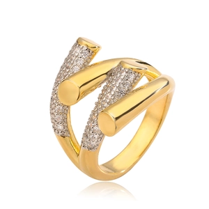 Modern geometric triple-layer wrap ring in gold plating with sparkling cubic zirconia
