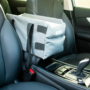 Gray canvas portable dog car seat for armrest box with secure nylon straps and Le You Pet logo