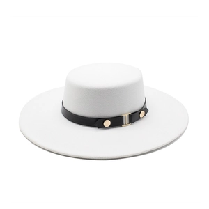 Elegant white flat top wool felt boater hat with black leather band and gold buckle
