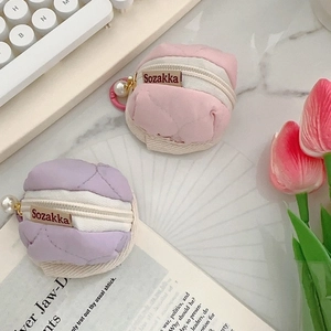 Quilted macaron style earphone case for AirPods with pearl zipper in pink and purple