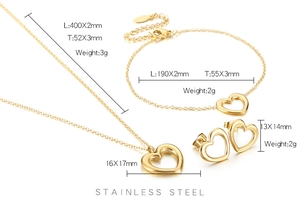 Golden stainless steel jewelry set with hollow heart necklace, bracelet and earrings