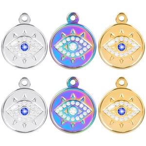 Collier Pendentif Mauvais Œil en Acier Inoxydable Avec Strass Incrustés Plaqué Or 18K Bijoux Médaillon Rond Rétro Pour Femme