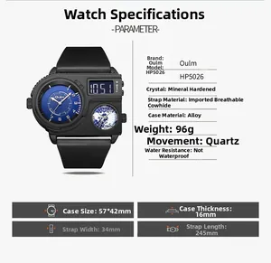 Detailed specs of Oulm quartz watch with blue dial and black leather strap